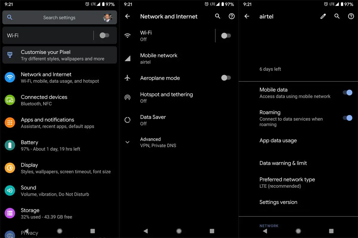 Mobile Network menu in settings Android