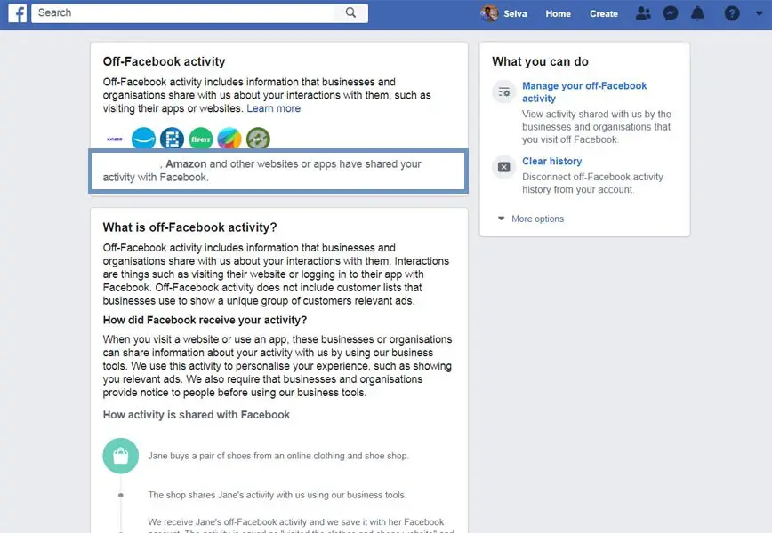 off-Facebook activity Facebook Information Settings