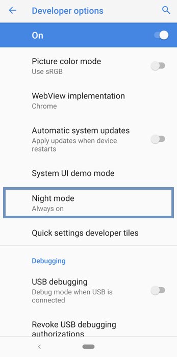 Android Pie Developer Options Night Mode