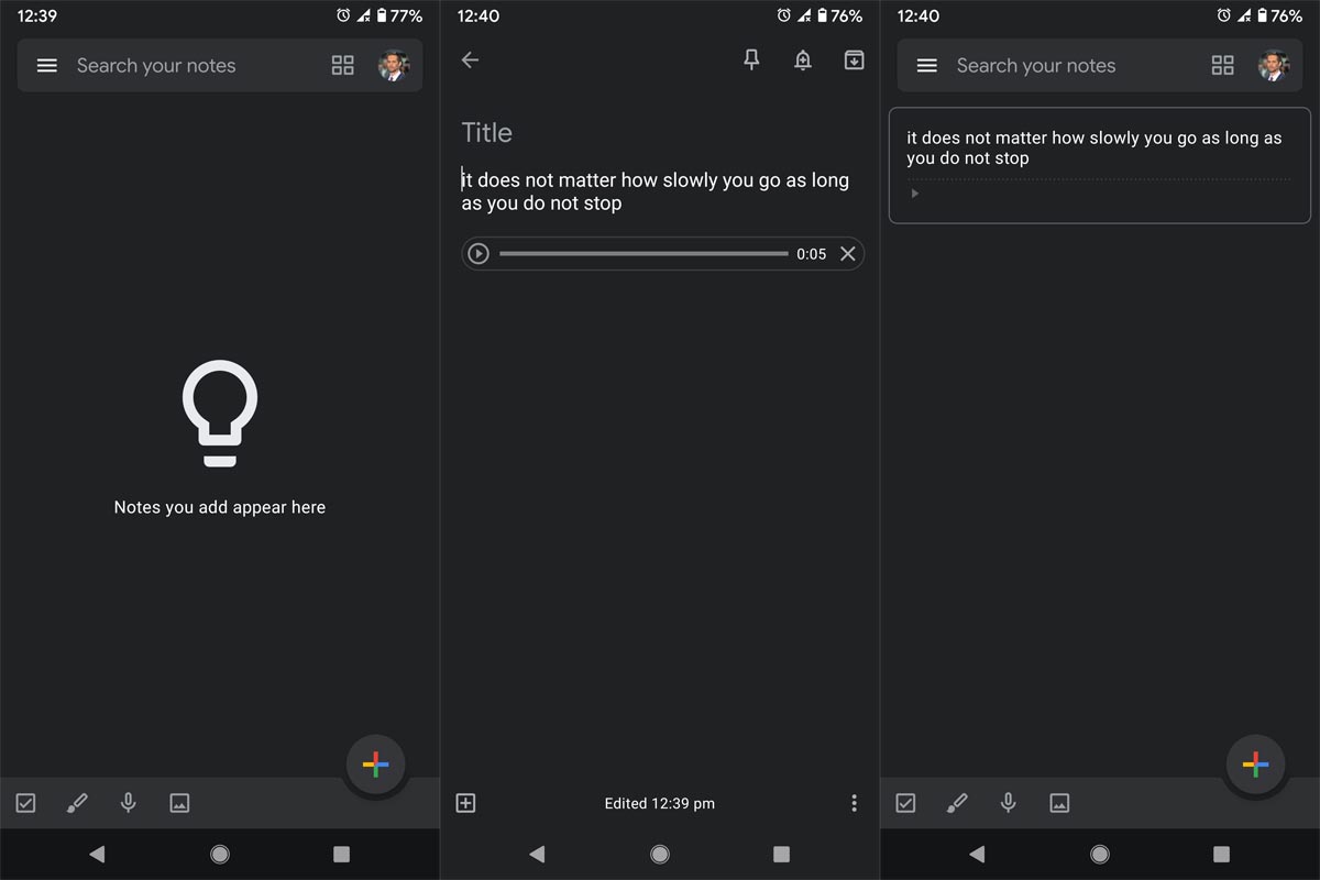 Google Keep Speech to Text Screenshots