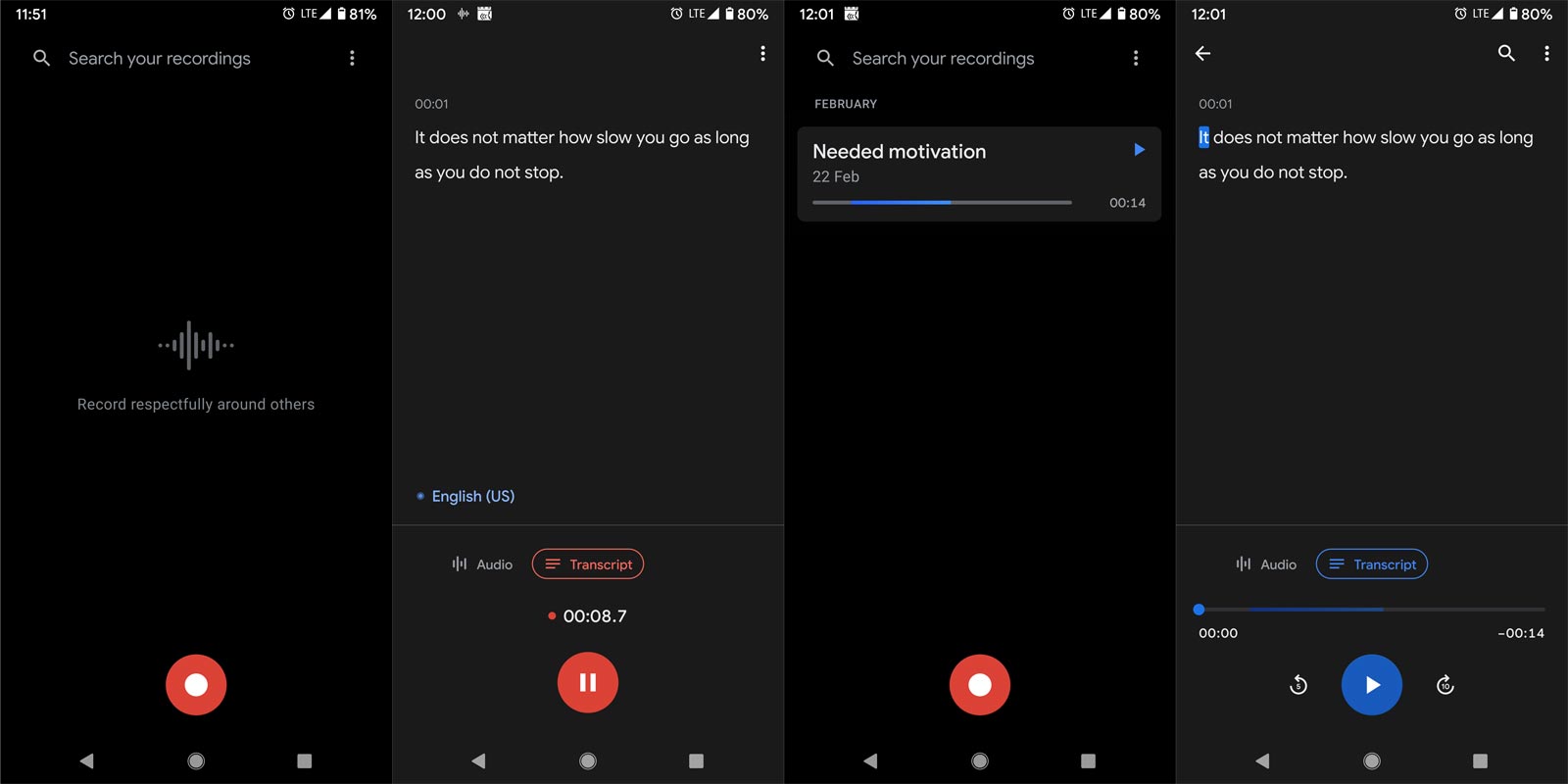 Google Recording App Voice to Text Screenshots
