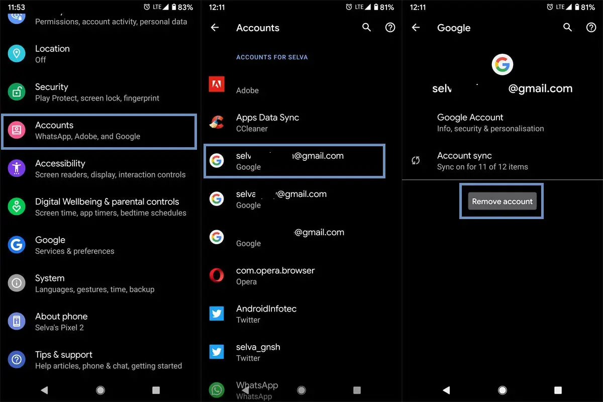 Remove Google Account in Android Settings
