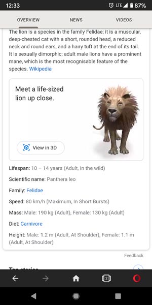 AR 3D lion in Opera Browser