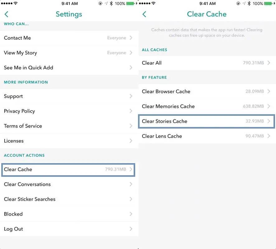 Clear cahe Snapchat iOS