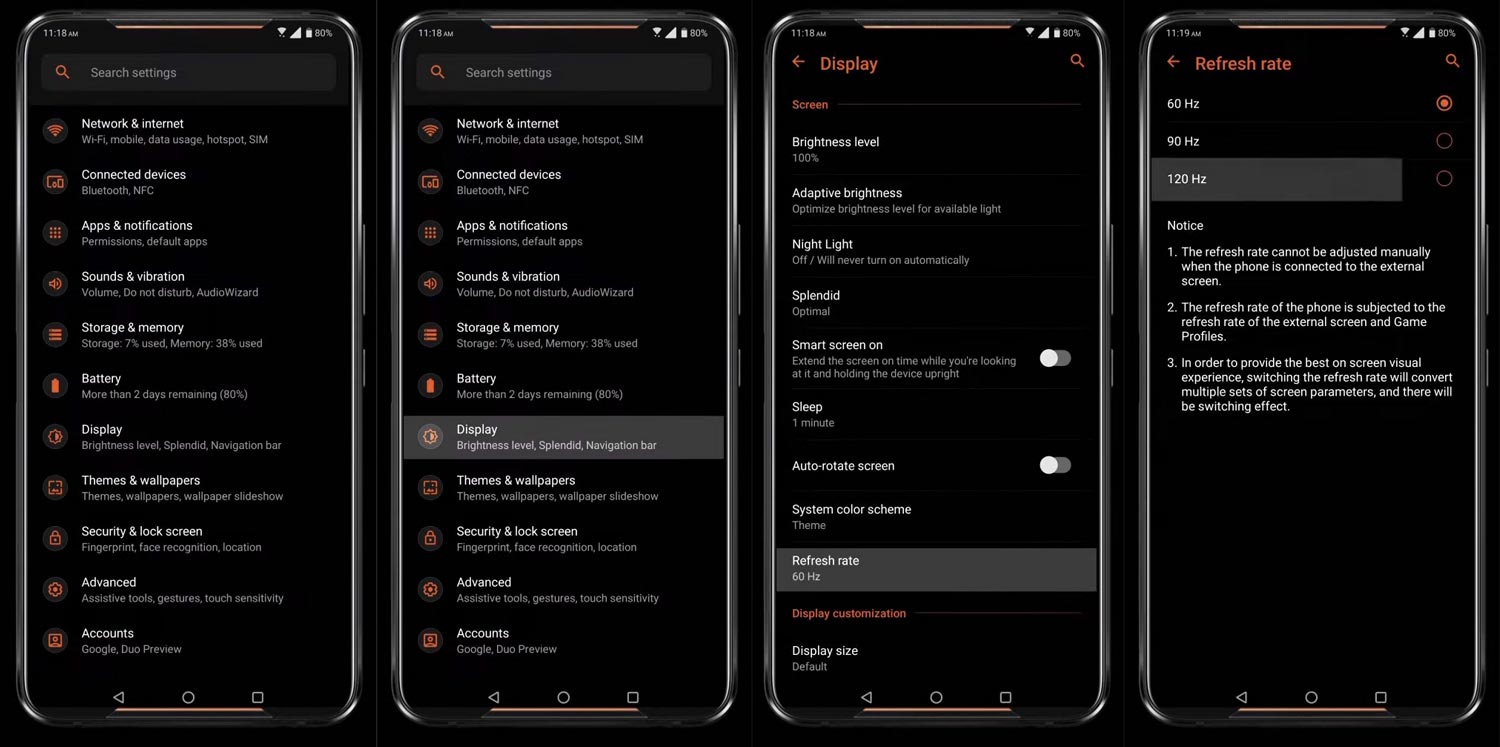 Refresh rate Change in Settings Asus ROG Phone 2