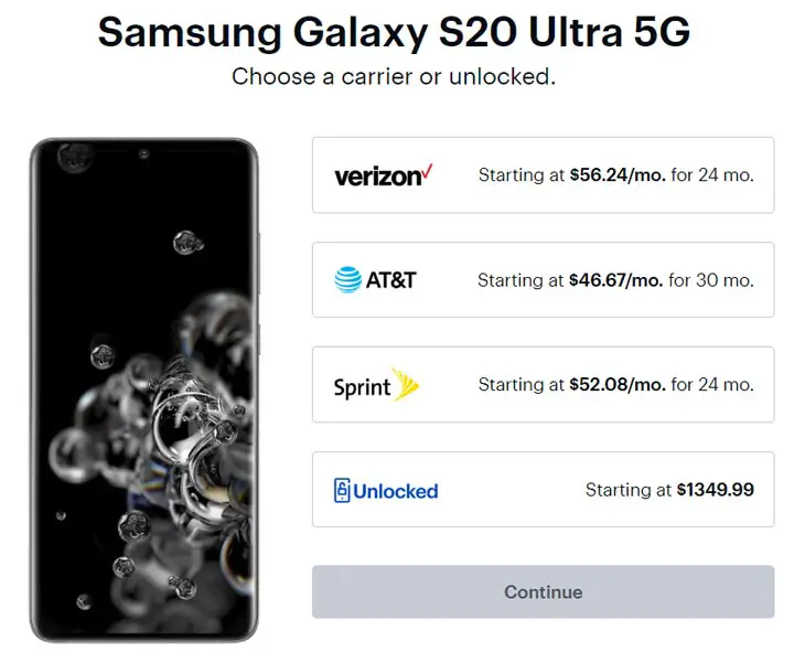 Samsung Galaxy S20 Ultra 5G Carrier Plans