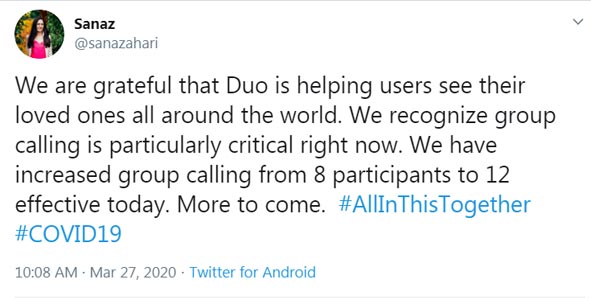 Sanaz Tweet Reagarding 12 People chat in Google Duo