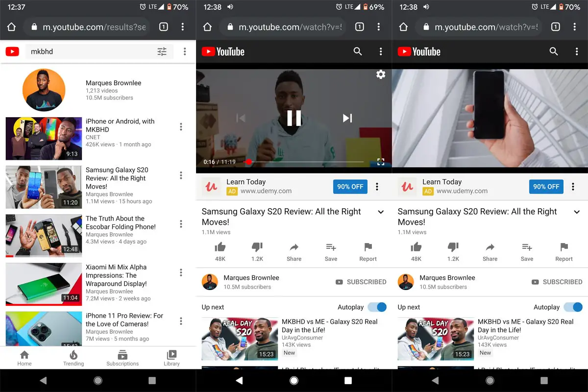 YouTube Mobile Site in Chrome