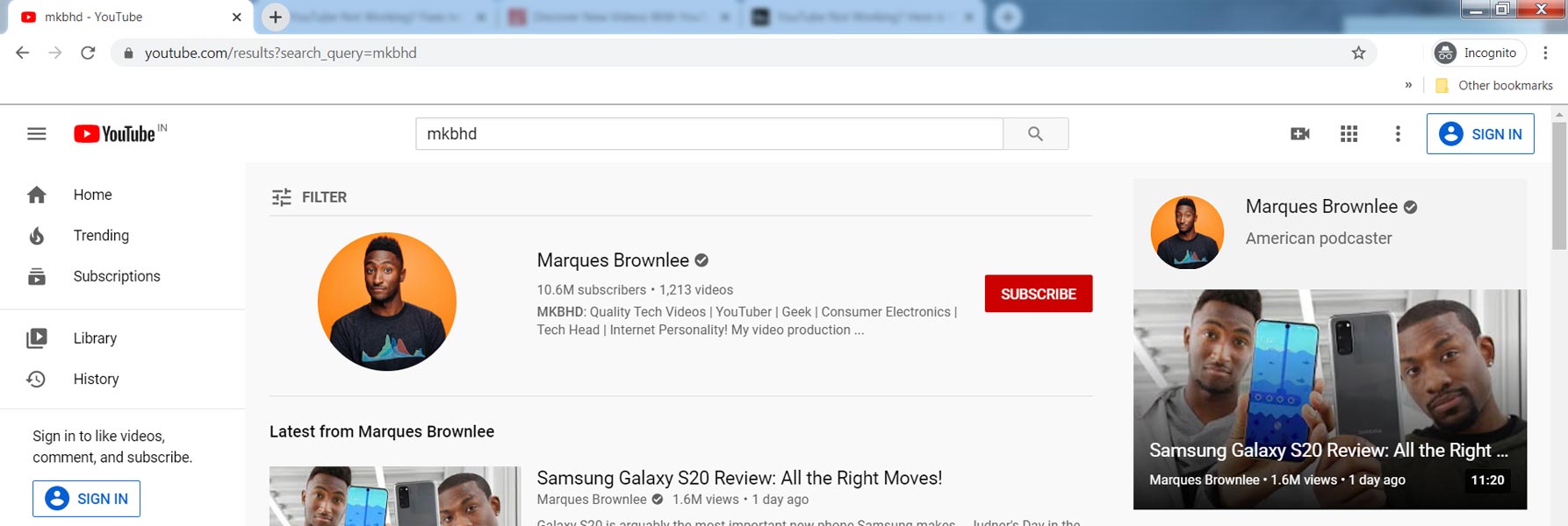YouTube in Incognito Mode