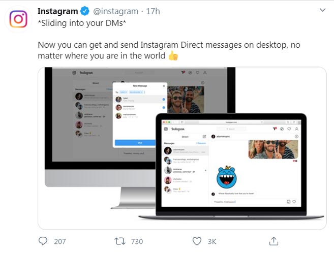Instagram Desktop DMs Official Tweet