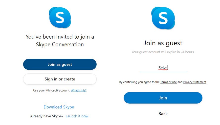 Join as Guest in Skype Call