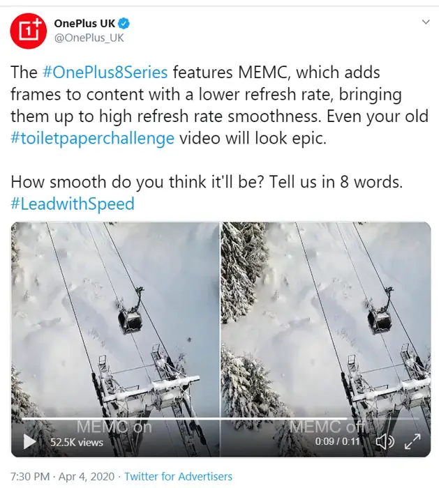 OnePlus 8 MEMC Video Sample Tweet
