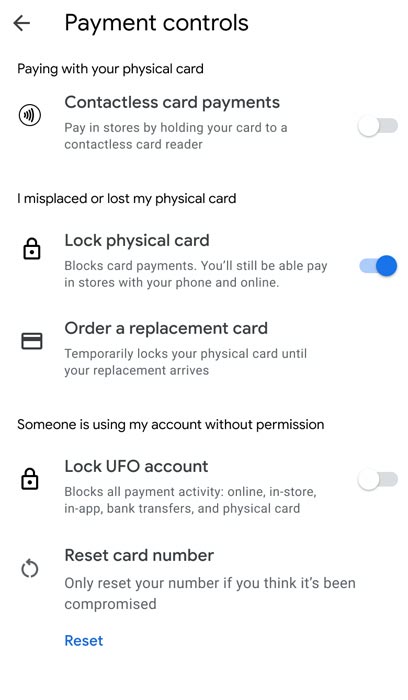 Payment Controls in Google Pay Card