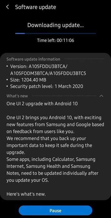 Samsung Galaxy A10 Android 10 OTA Screenshot