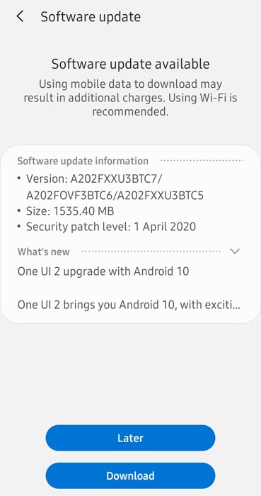 Samsung Galaxy A20e Android 10 OTA Screenshot