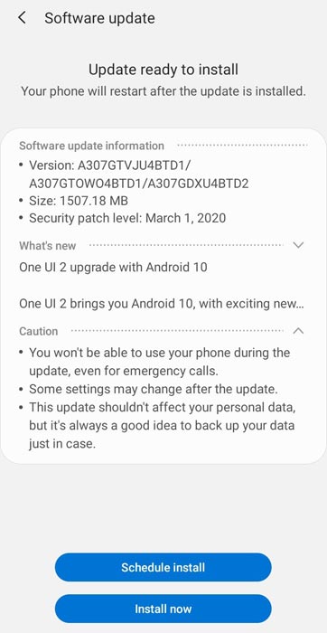Samsung Galaxy A30s Android 10 OTA Screenshot