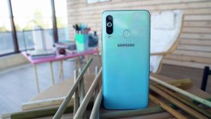 Samsung Galaxy A60 Standing Backside on the Wooden Table