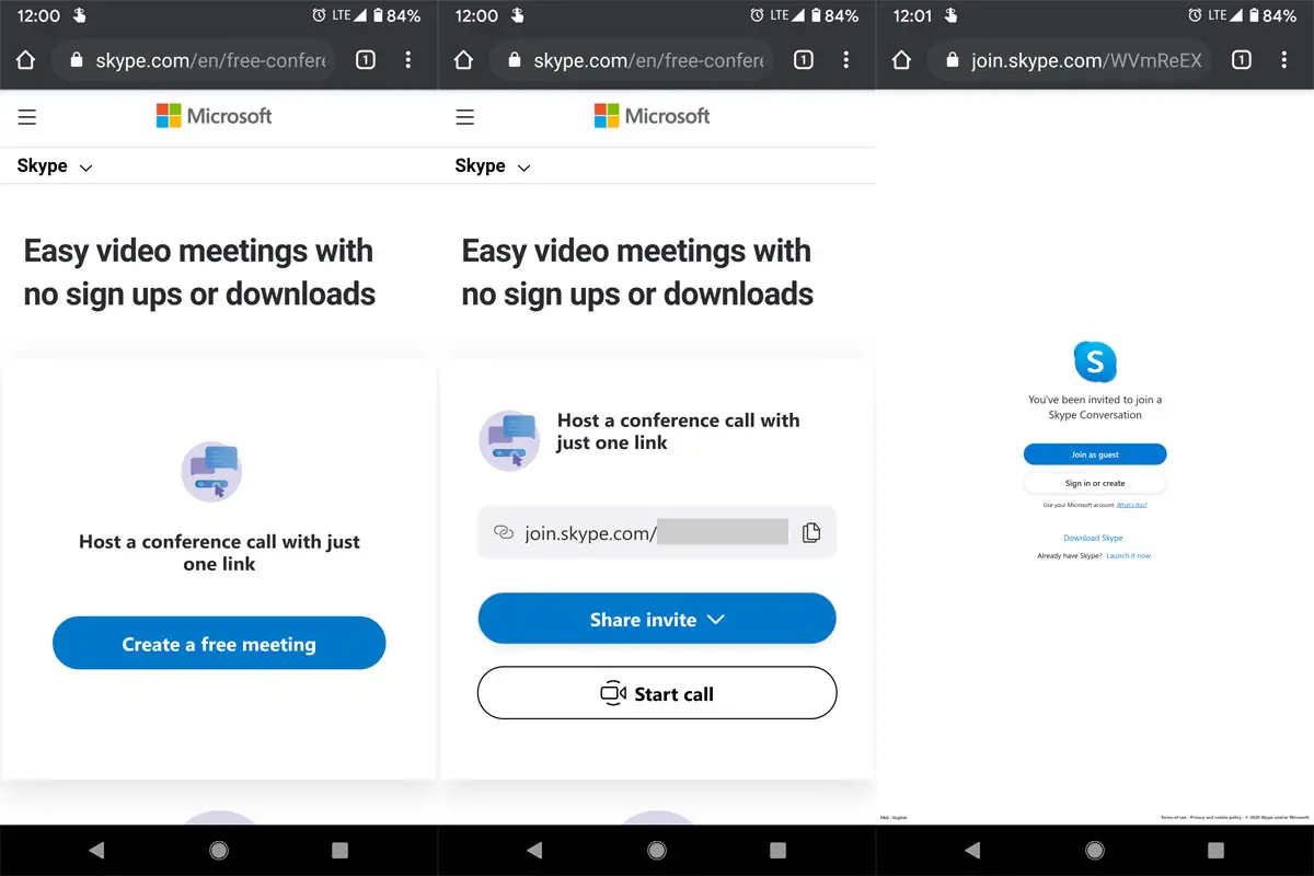 Skype Creating Web Link Video call Android