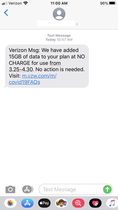 Verizon Free 15GB of Data message