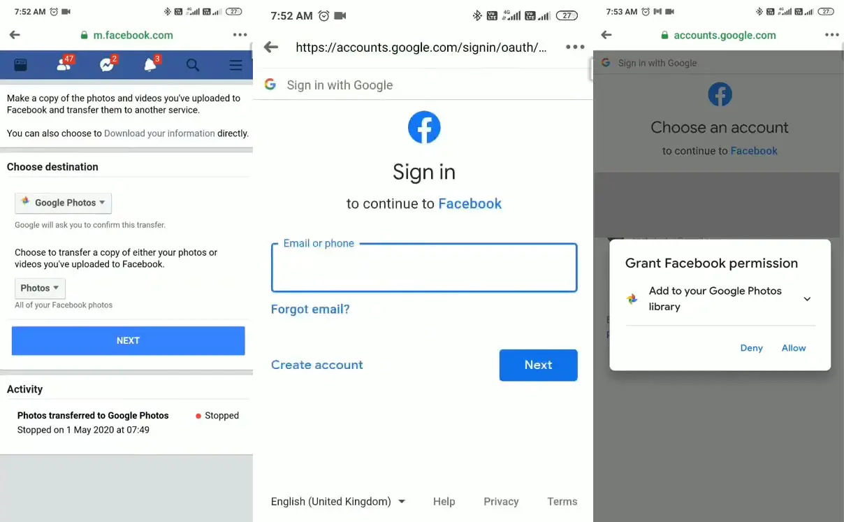 Authorize Facbook transfer using Google Account