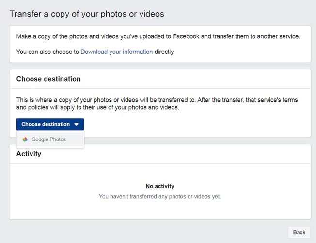 Choose Destination Transfer Facebook photos and videos to Google Photos