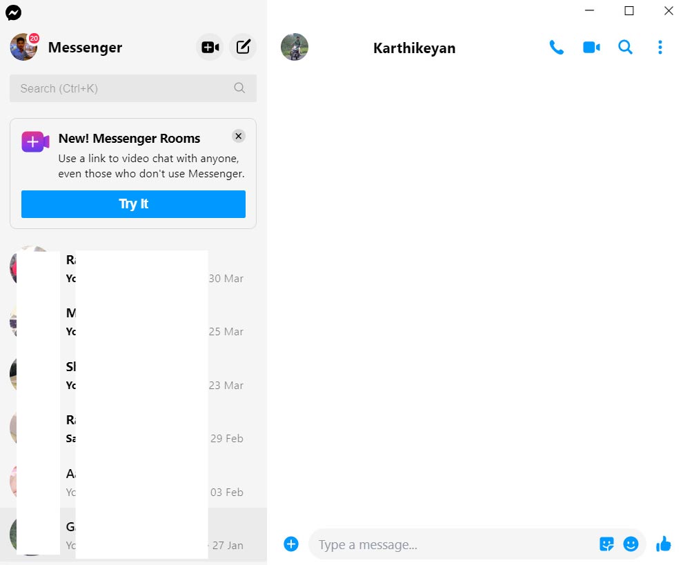 Facebook Messenger App Home Page