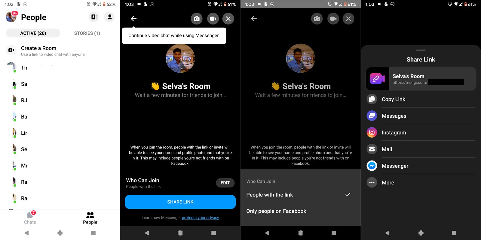 Facebook Messenger Room mobile app screenshots