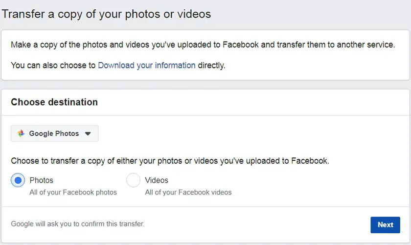 Facebook Photos Videos transfer selection