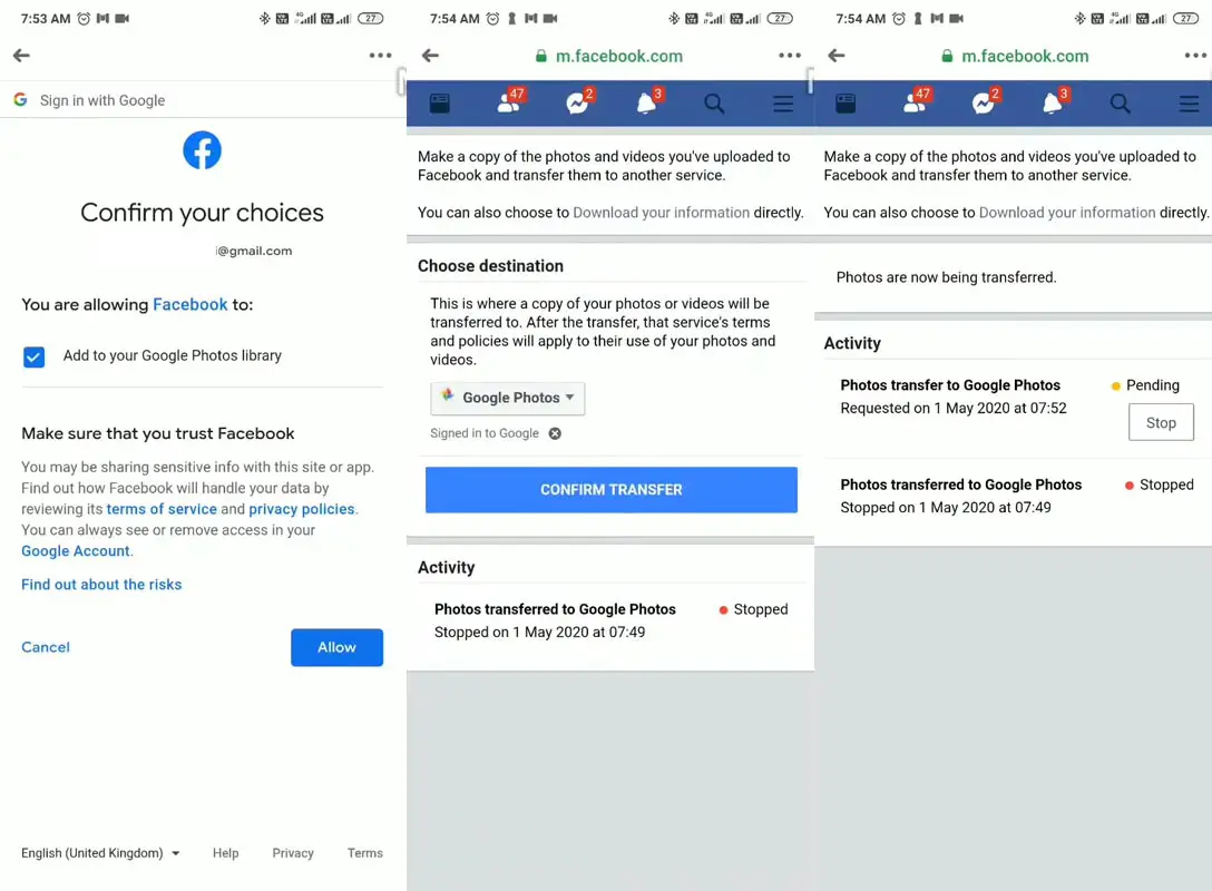 Facebook media transfer status