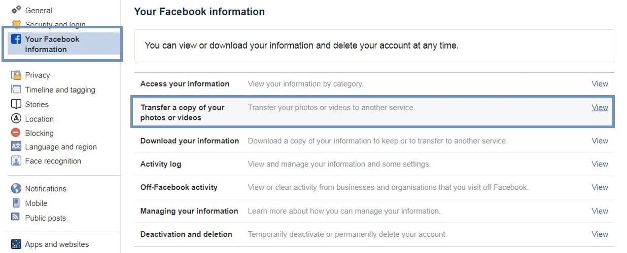 Opening Facebook information in Settings