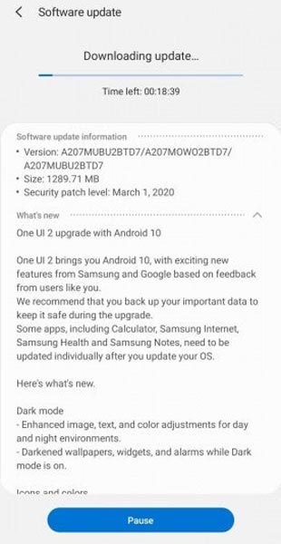 Samsung Galaxy A20s Android 10 OTA Screenshot
