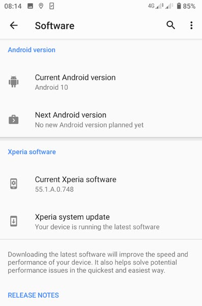 Sony Xperia 1 Android 10 About Section Screenshot