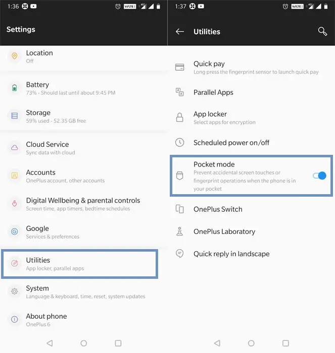 Enable Pocket Mode in OnePlus 7 and above devices