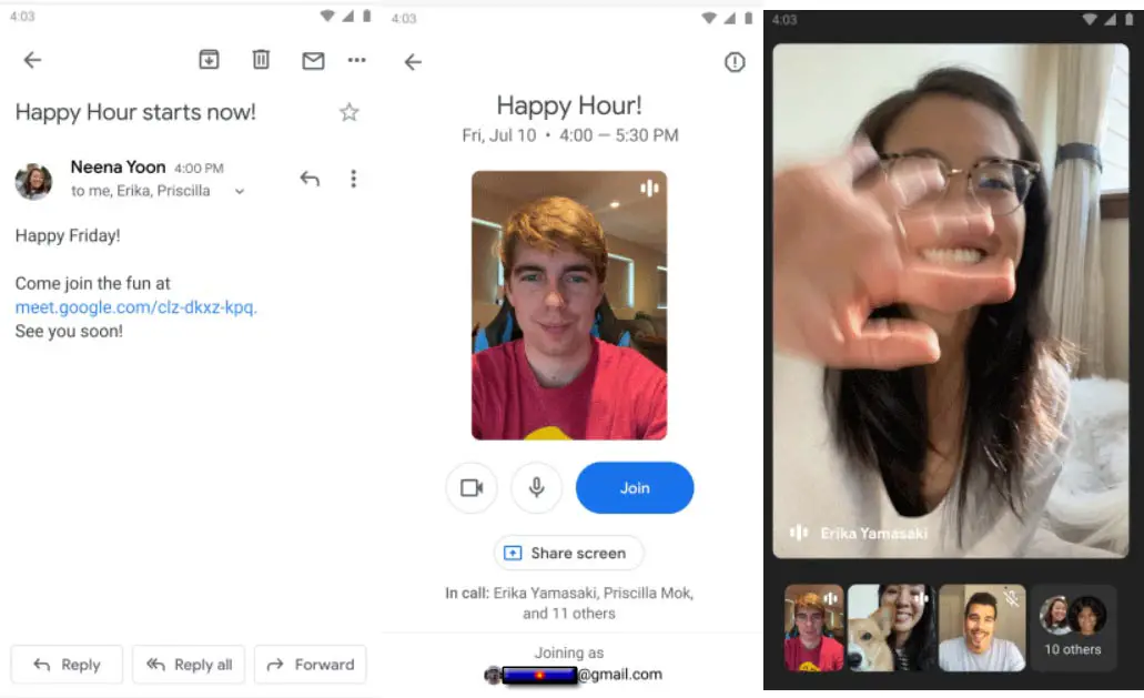 Google Meet Integration in Gmail Mobile App Screenshots
