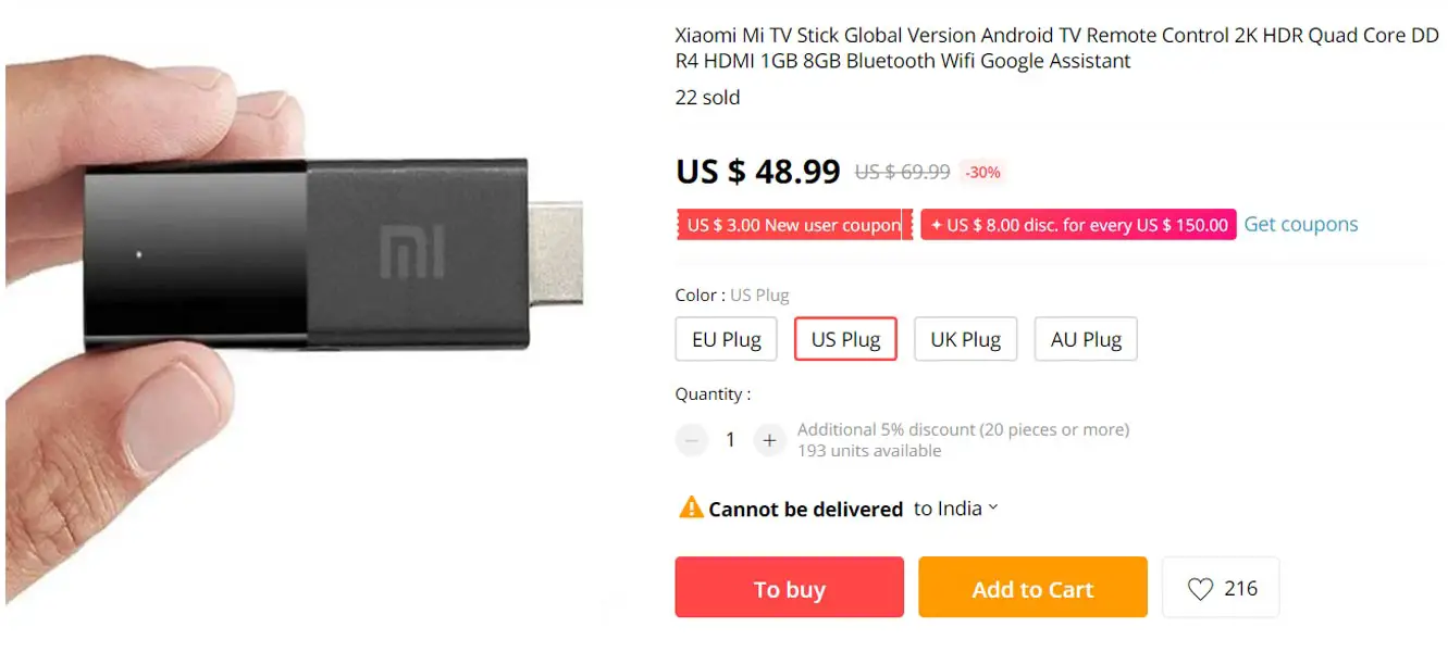 Mi TV Stick Online Store listing 1 GB RAM variant