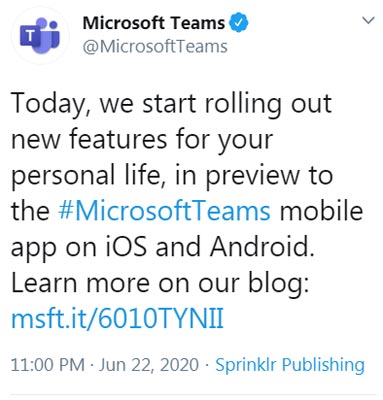 Microsoft Teams Personal use Official tweet