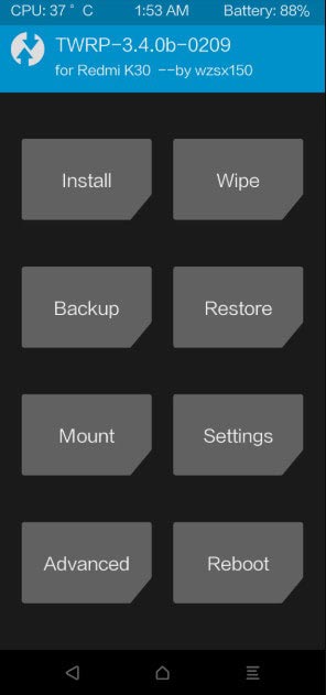 Redmi K30 TWRP Home screen