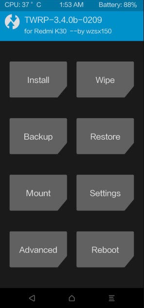 Redmi K30 TWRP Home screen