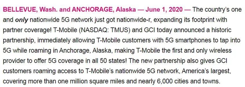 T-Mobile Statement on 5G Coverage in 50 States in the USA