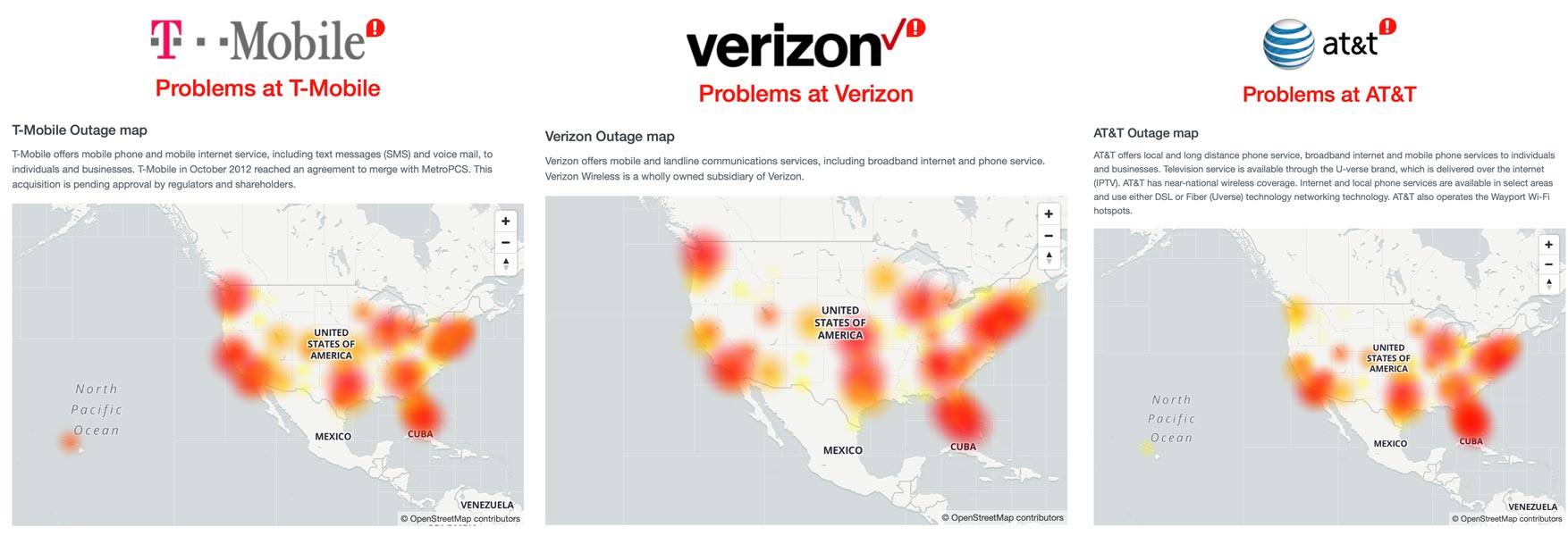 US Mobile Carriers Outage Map