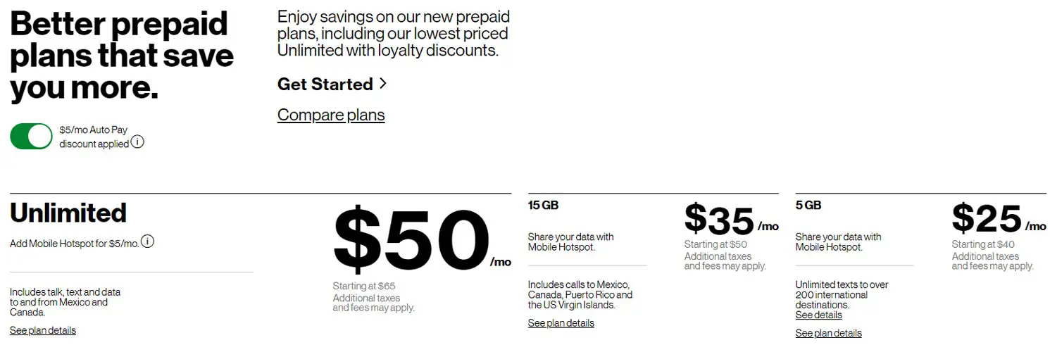 Verizon New Prepaid Plans List