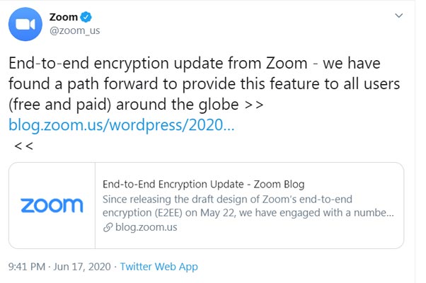 Zoom End-to-End Encryption Official Tweet