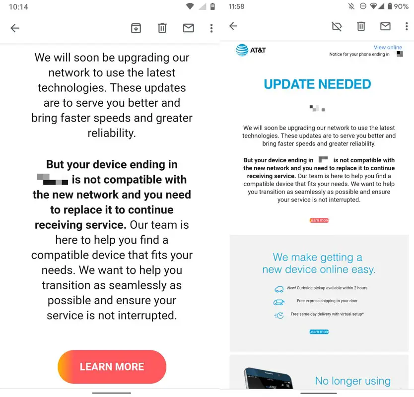 AT&T unsupport mobiles email for 2022