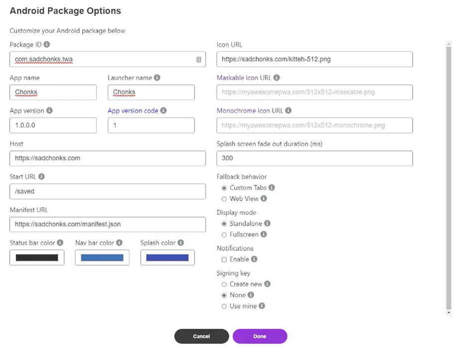 Android Package Options Microsoft PWA