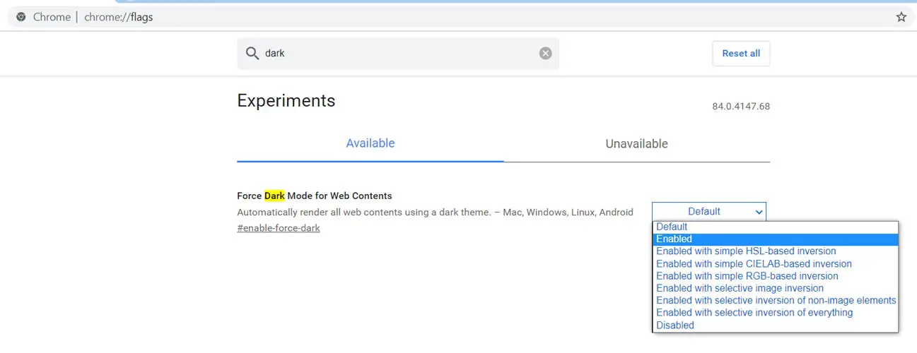Dark Mode Search in Chrome Flags