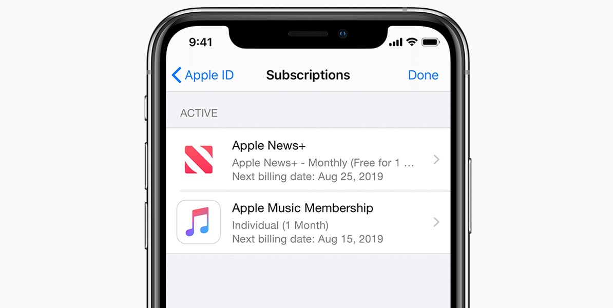 Applem Subscriptions Page in iPhone