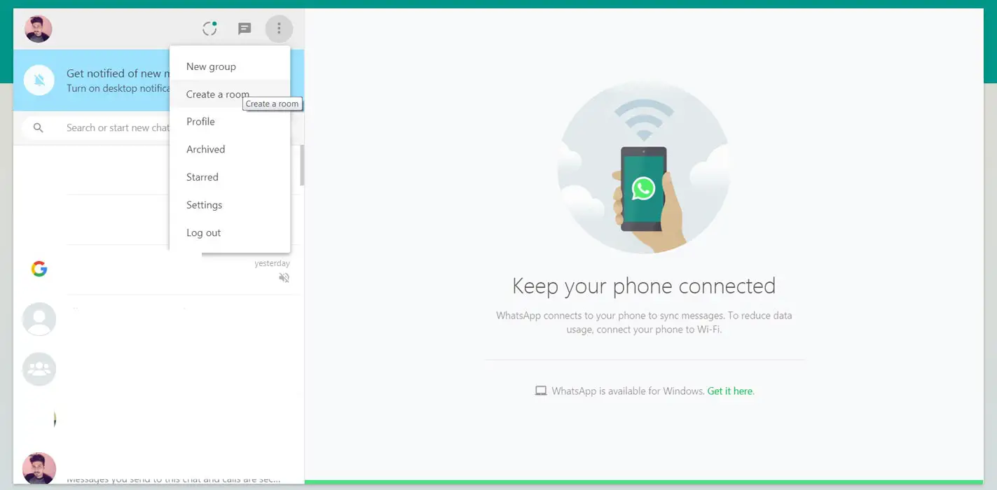 Create Facebook Messenger Rooms from WhatsApp Web Option