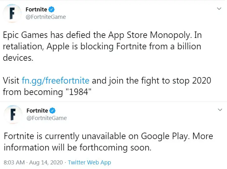 Fortnite Removed from Google and Apple App Store Official Tweet