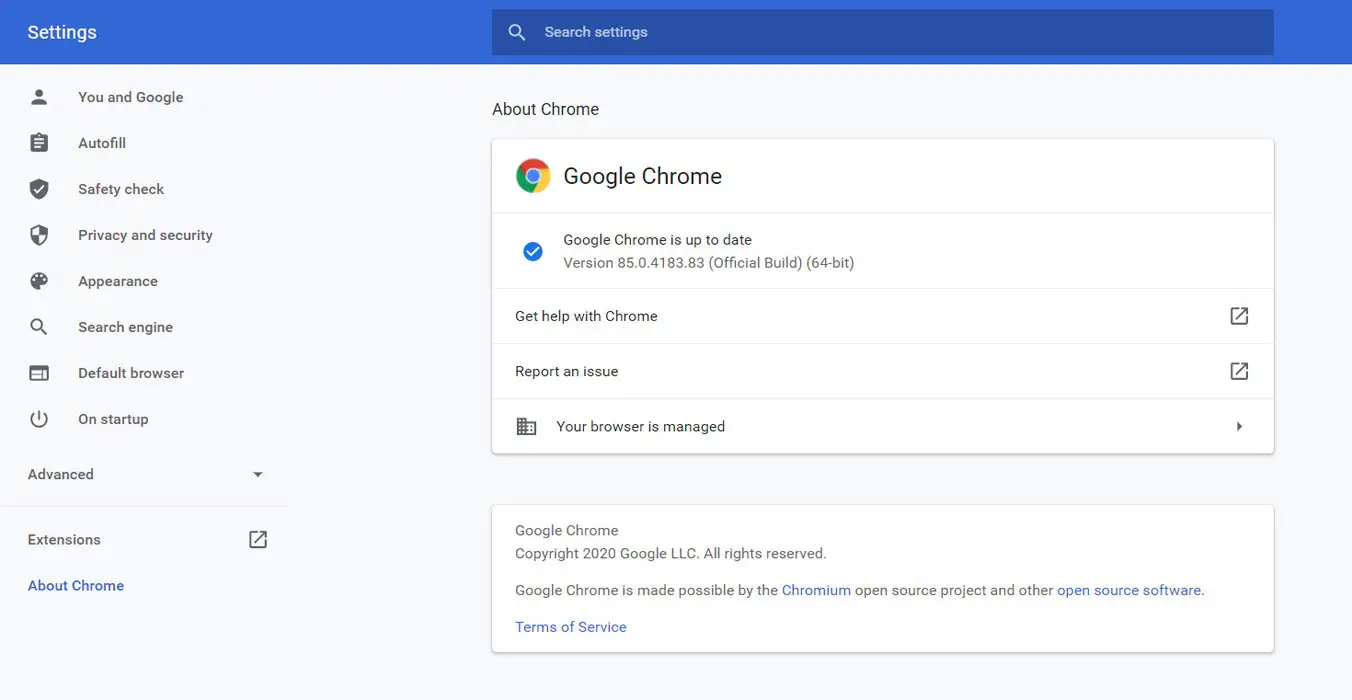 Google Chrome 85 Update version