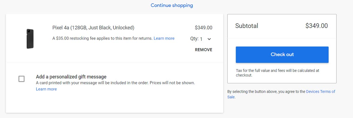Google Pixel 4a Price Checkout